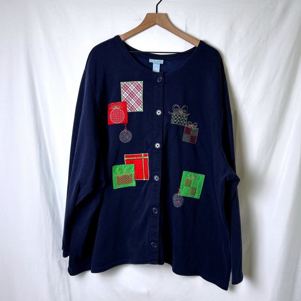 Liz & Me Women Christmas Gift Applique Fleece Cardigan Plus Size 5X Navy Blue